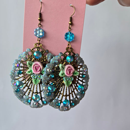 Ethereal Romance | Blue | Earrings | Art Deco Inspired Filigree Peacock Feather & Rose with Forget-Me-Not