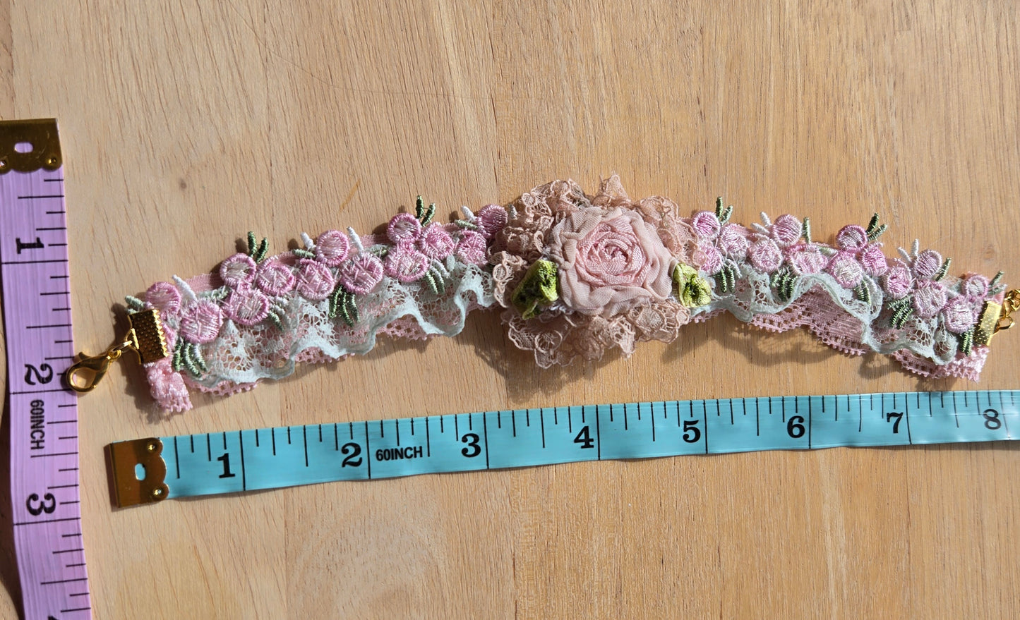 Ethereal Romance | Pink | Bracelet | Embroidered Rosette & Lace