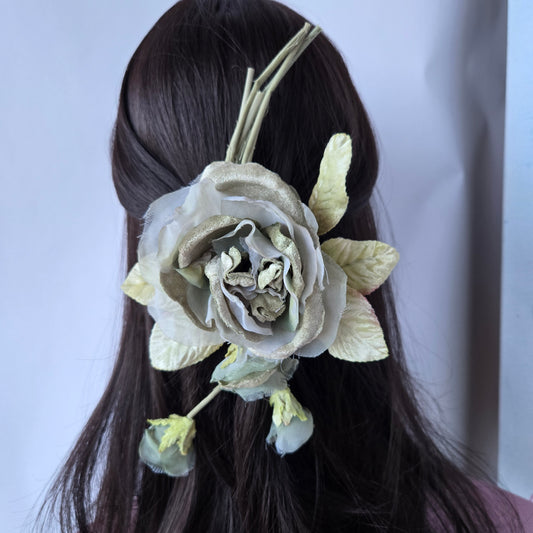 Ethereal Romance | Green | Hair Clip | Sage Green Millinery Velvet Rose Posey Barrette