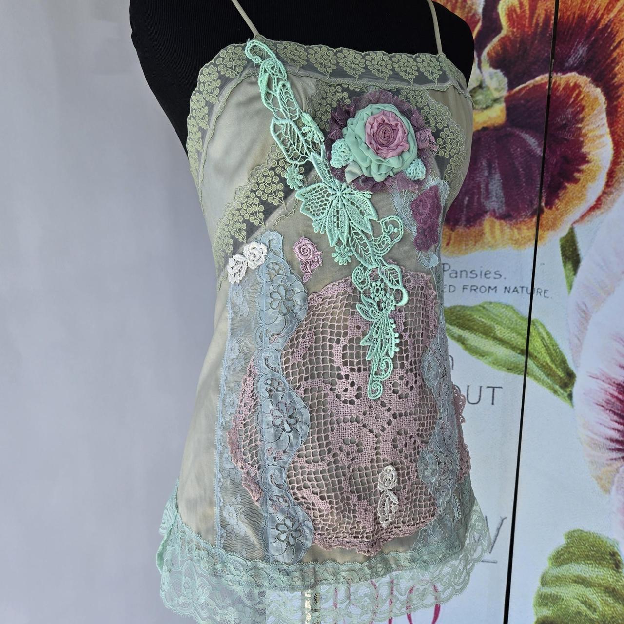 Ethereal Romance | Green & Pink | Blouse | Vintage Lace and Roses | Size X-Small