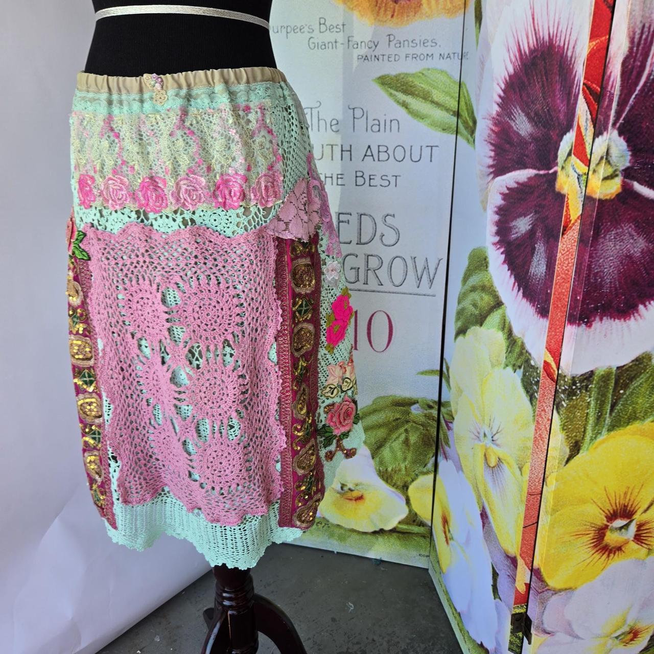 Ethereal Romance | Green | Skirt | Rambling Rose Mint Green Crochet & Raspberry Pink Vintage Embroidery | Size Medium