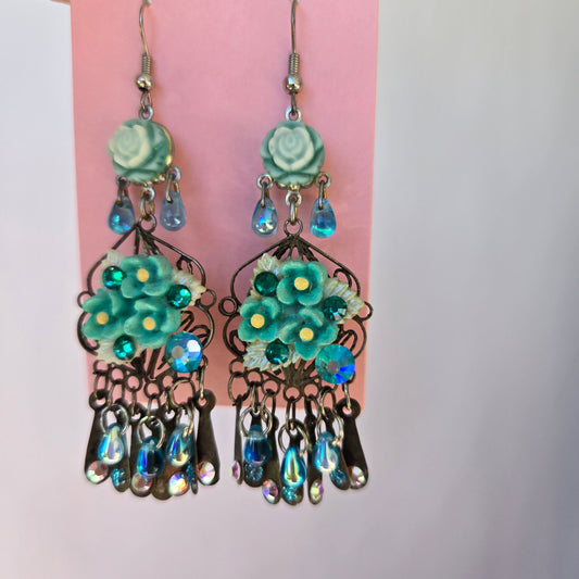 Ethereal Romance | Blue | Earrings | Roses Amidst Hydrangea Blooms