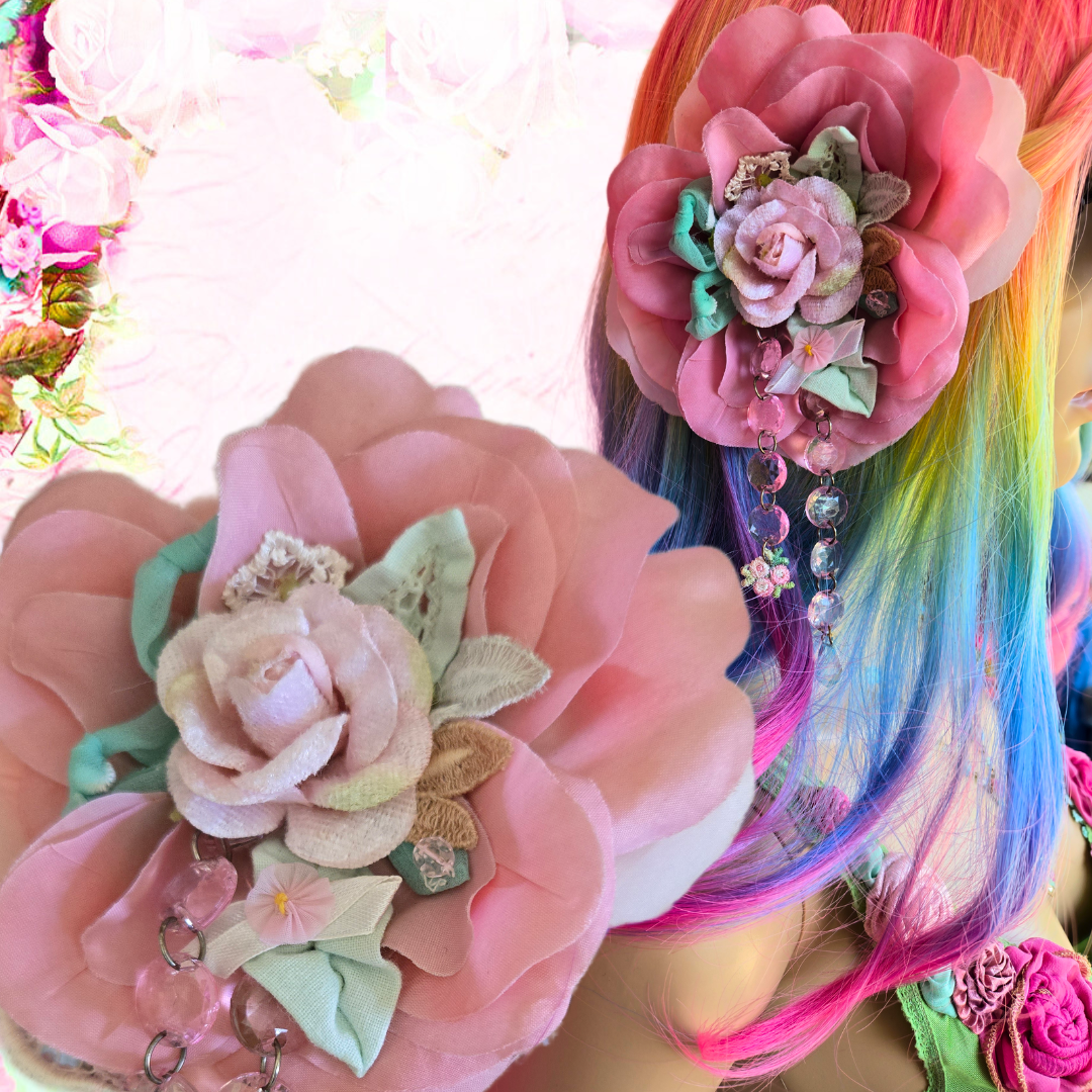 Ethereal Romance | Pink | Hair Jewel | Vintage Millinery Rose and Jewel Hair Clip