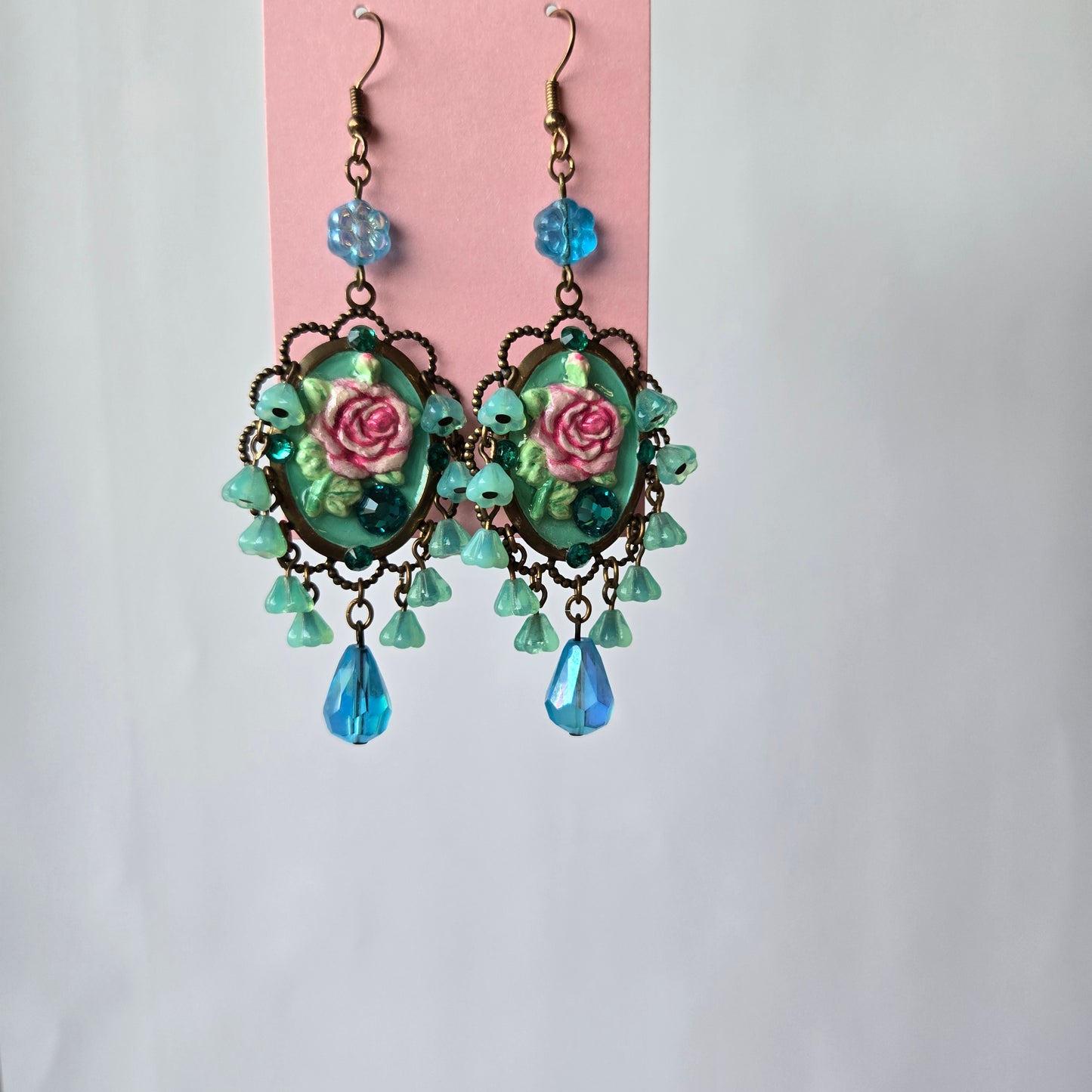 Ethereal Romance | Blue | Earrings | Brass Cameo and Rose