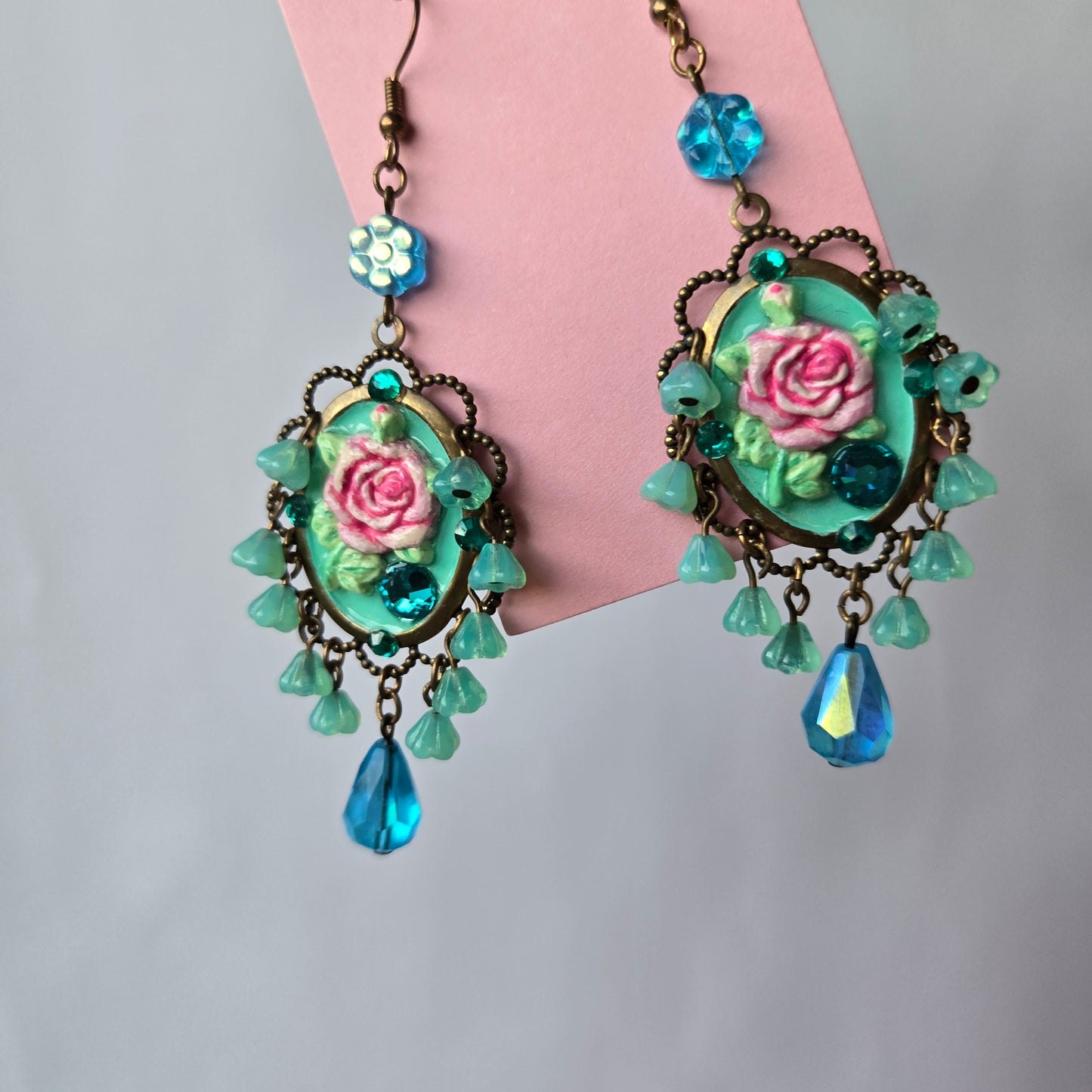 Ethereal Romance | Blue | Earrings | Brass Cameo and Rose