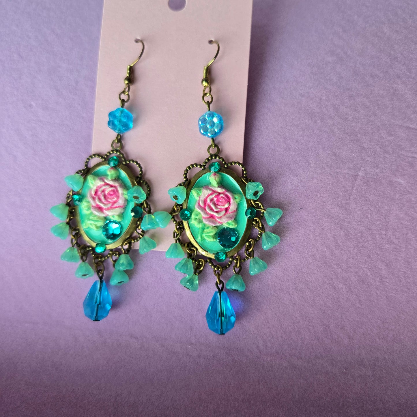 Ethereal Romance | Blue | Earrings | Brass Cameo and Rose