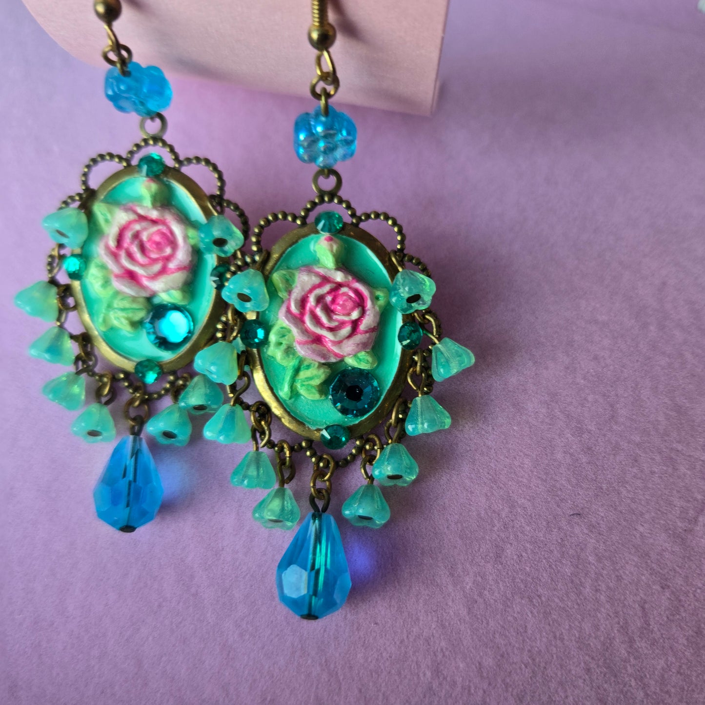 Ethereal Romance | Blue | Earrings | Brass Cameo and Rose
