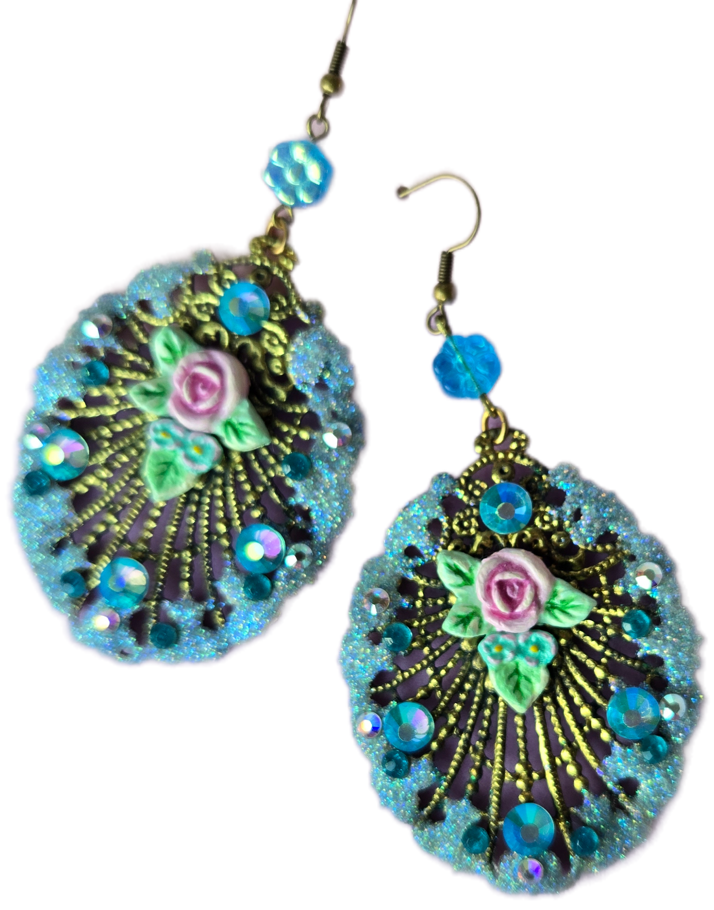 Ethereal Romance | Blue | Earrings | Art Deco Inspired Filigree Peacock Feather & Rose with Forget-Me-Not