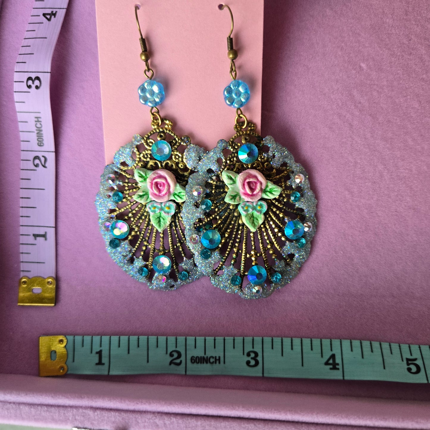 Ethereal Romance | Blue | Earrings | Art Deco Inspired Filigree Peacock Feather & Rose with Forget-Me-Not