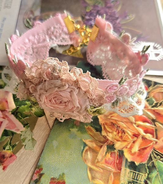 Ethereal Romance | Pink | Bracelet | Embroidered Rosette & Lace