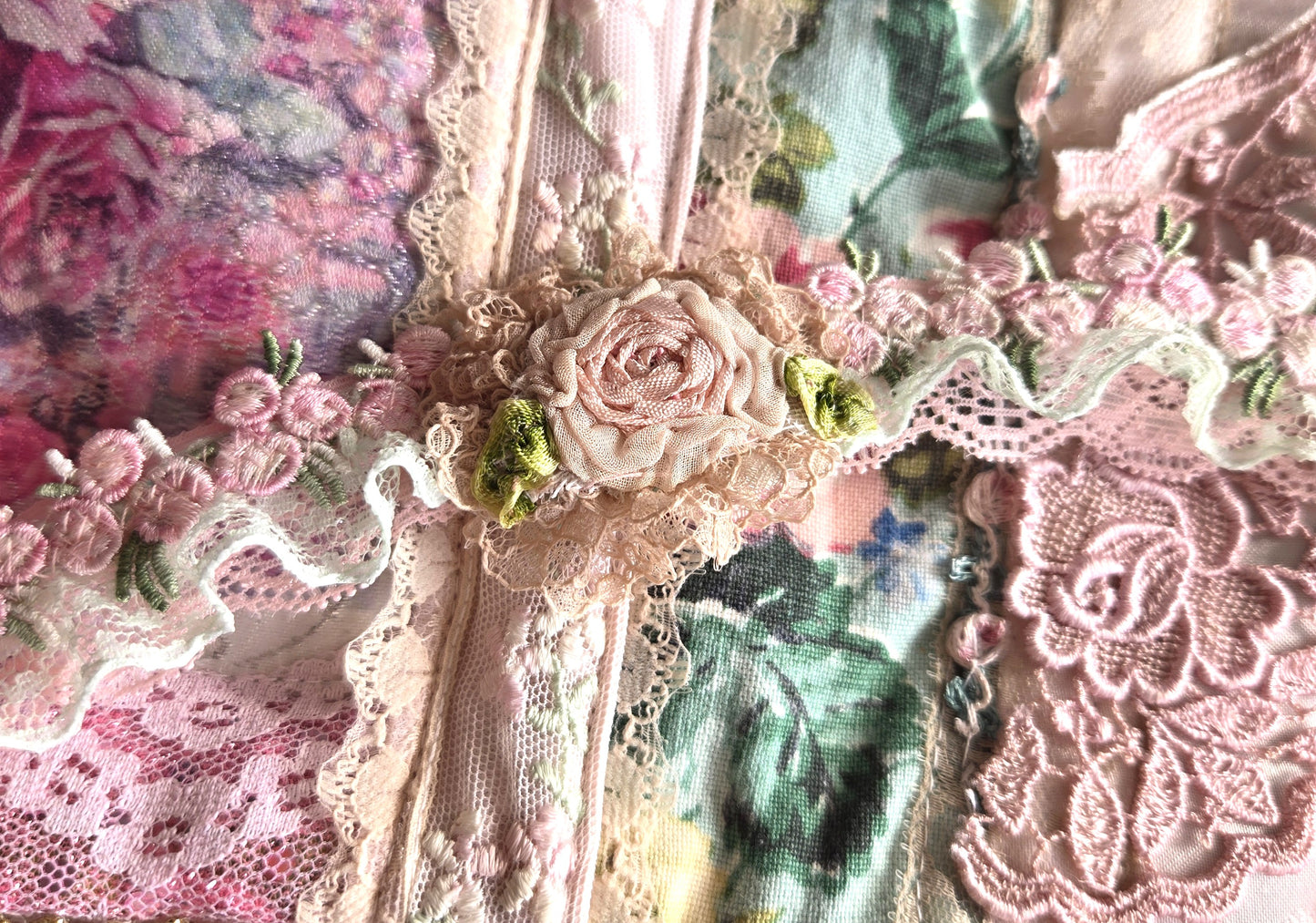 Ethereal Romance | Pink | Bracelet | Embroidered Rosette & Lace