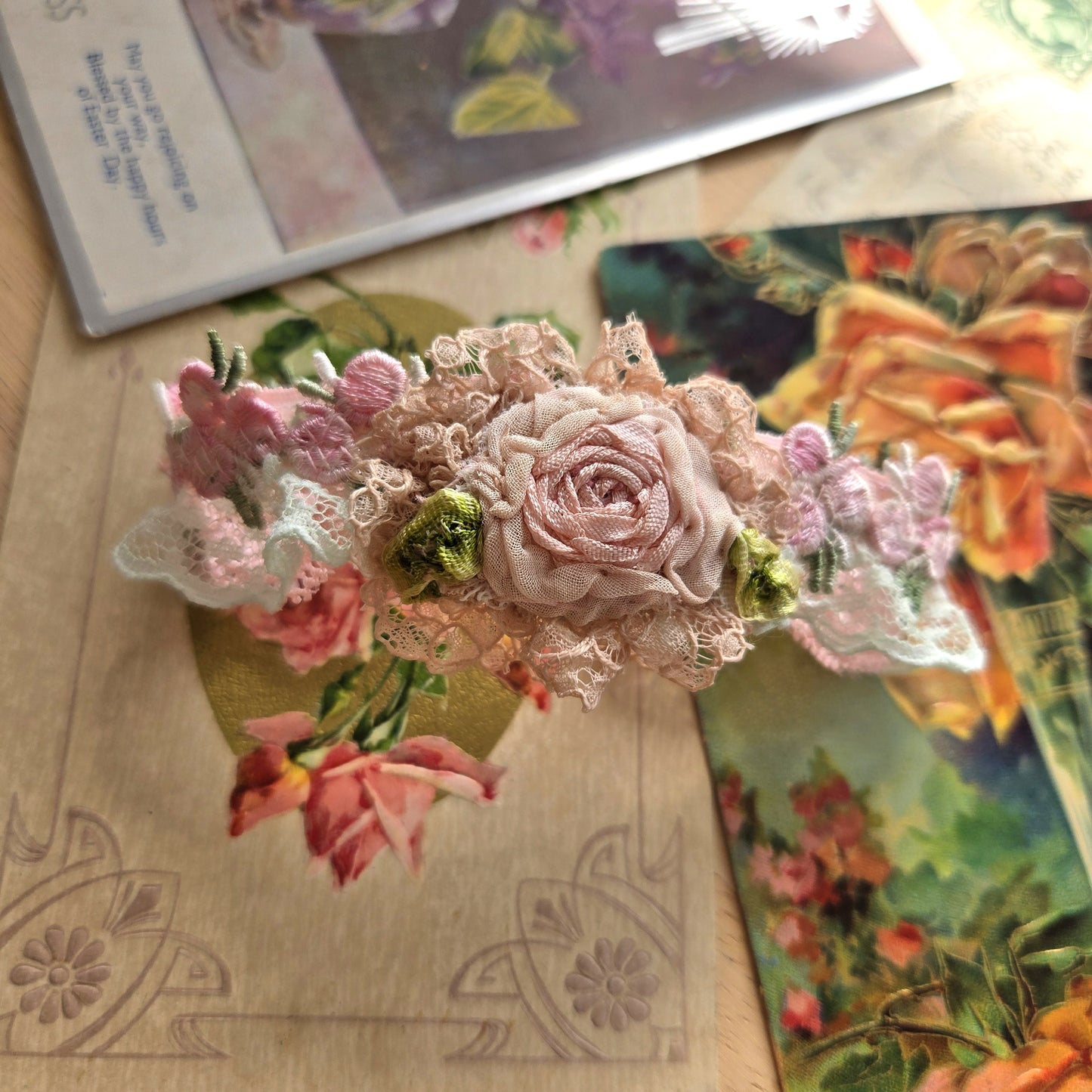Ethereal Romance | Pink | Bracelet | Embroidered Rosette & Lace