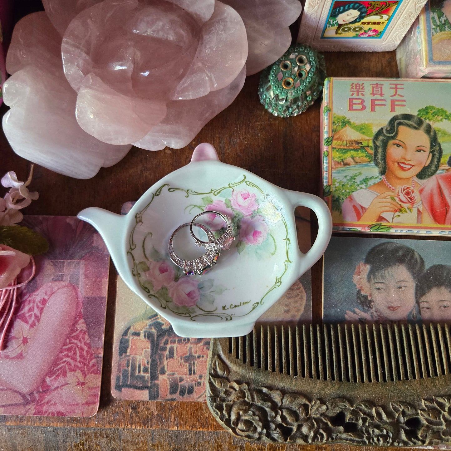 Ethereal Romance | Blue | Vintage | Hand Painted Roses on China Teapot Jewelry Ring Holder