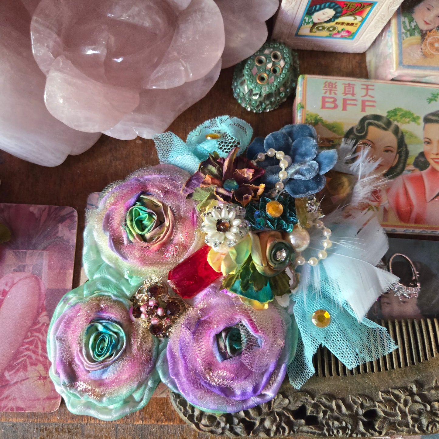Ethereal Romance | Rainbow | Hair Clip | 1920s Style Handmade Rose and Millinery Jewel
