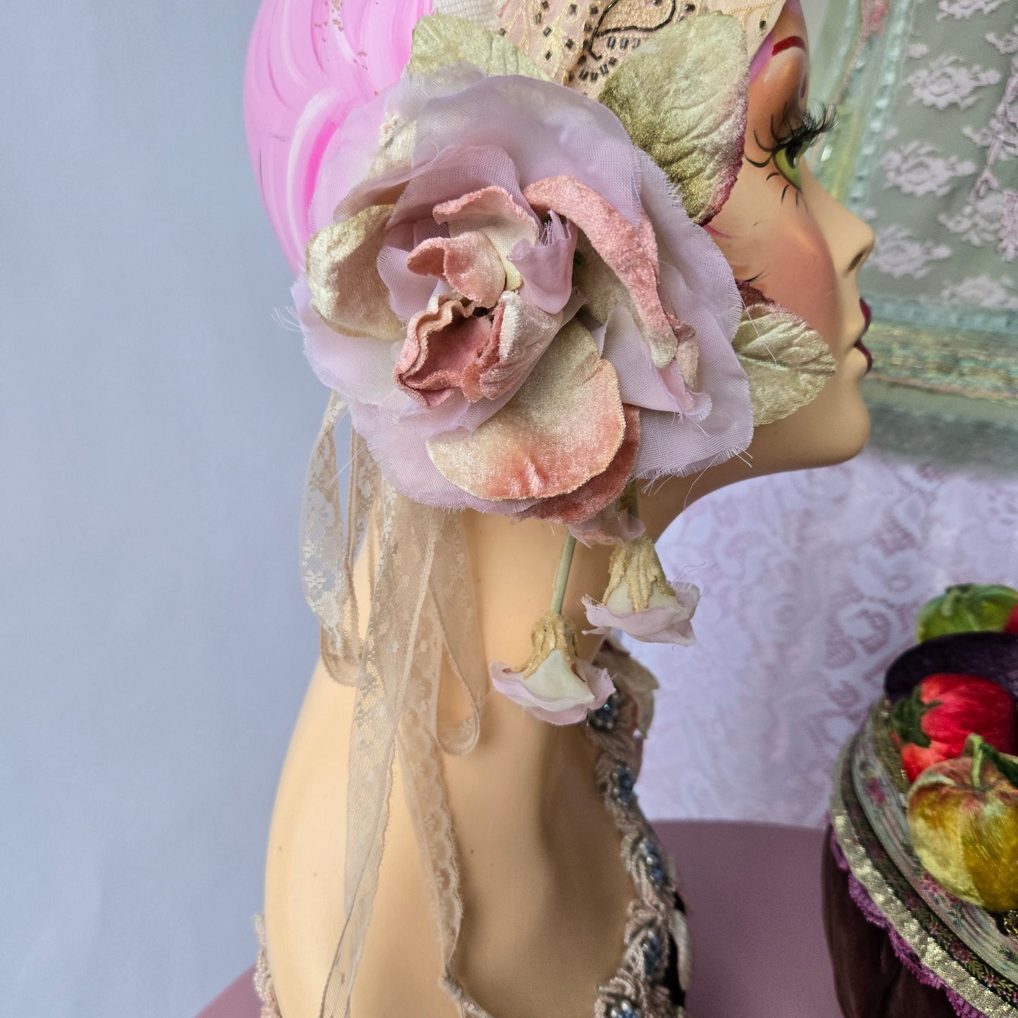 Ethereal Romance | Champagne | Hair Scarf | Champagne & Peach Vintage Beaded Scarf & Millinery Rose