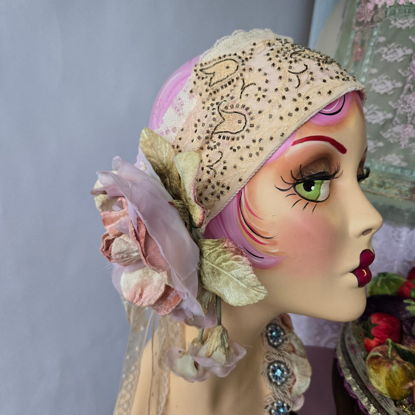 Ethereal Romance | Champagne | Hair Scarf | Champagne & Peach Vintage Beaded Scarf & Millinery Rose