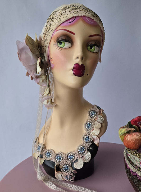 Ethereal Romance | Champagne | Hair Scarf | Champagne & Peach Vintage Beaded Scarf & Millinery Rose