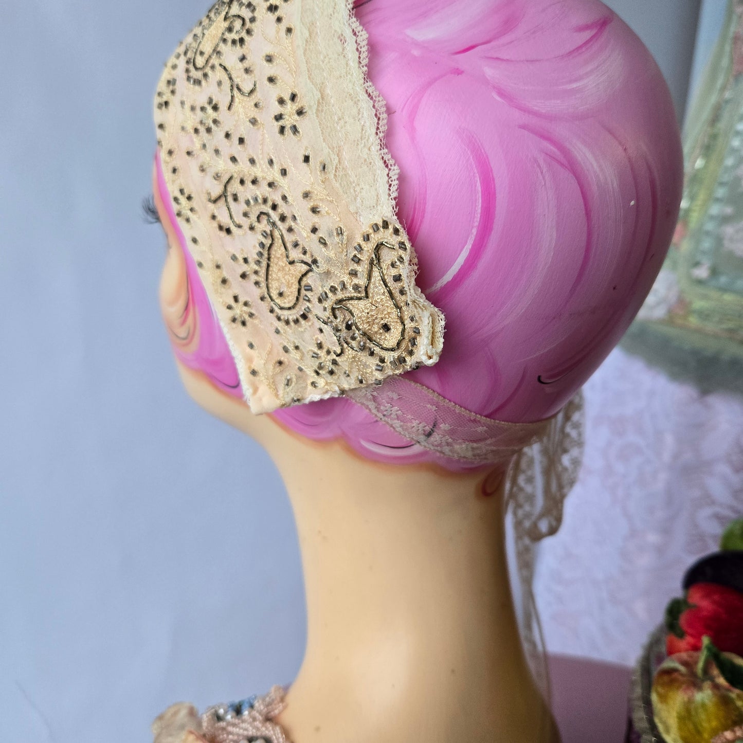Ethereal Romance | Champagne | Hair Scarf | Champagne & Peach Vintage Beaded Scarf & Millinery Rose