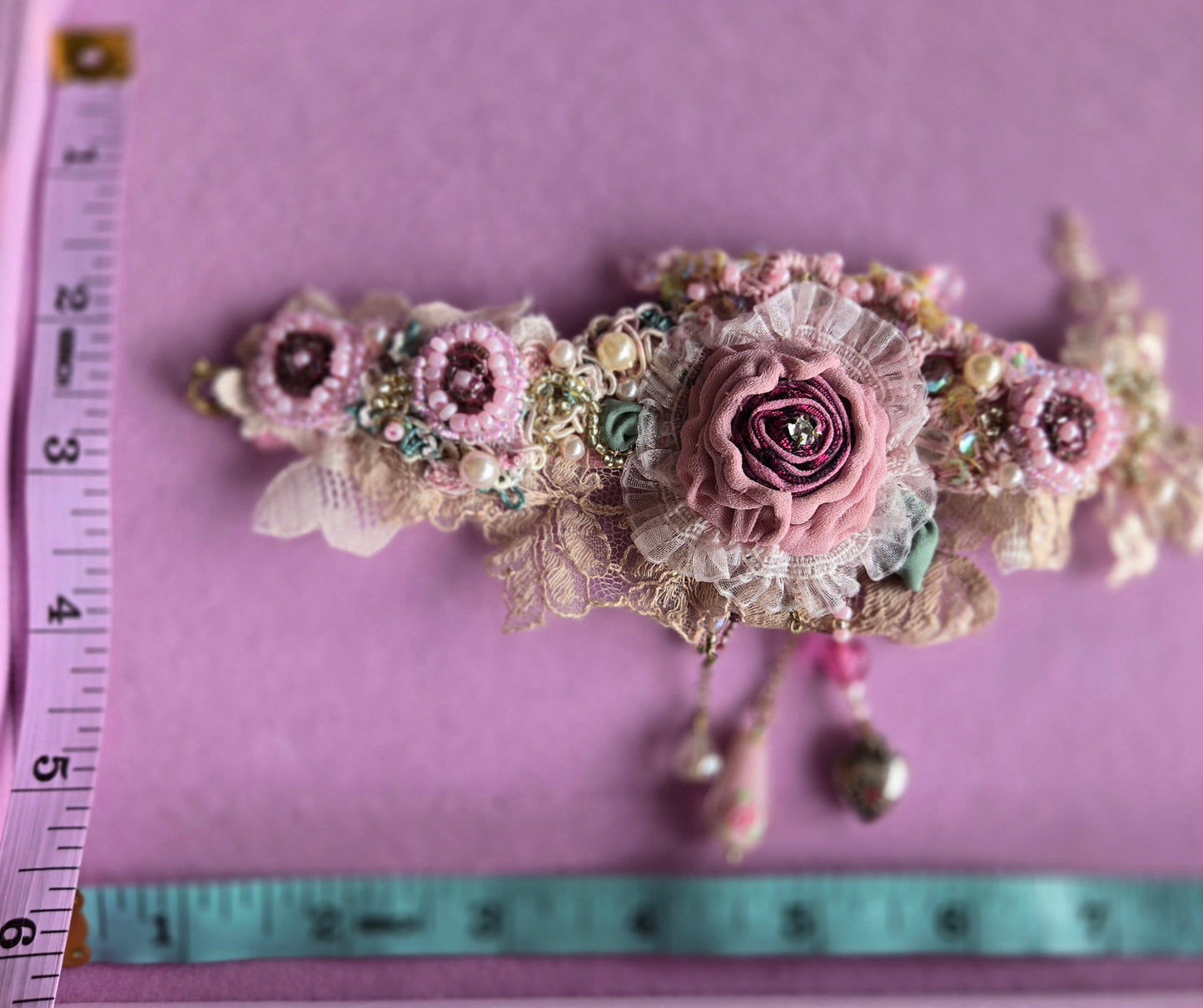 Ethereal Romance |Pink | Bracelet| Antique Lace, Beaded Roses, Hand Embroidery 1920s Style