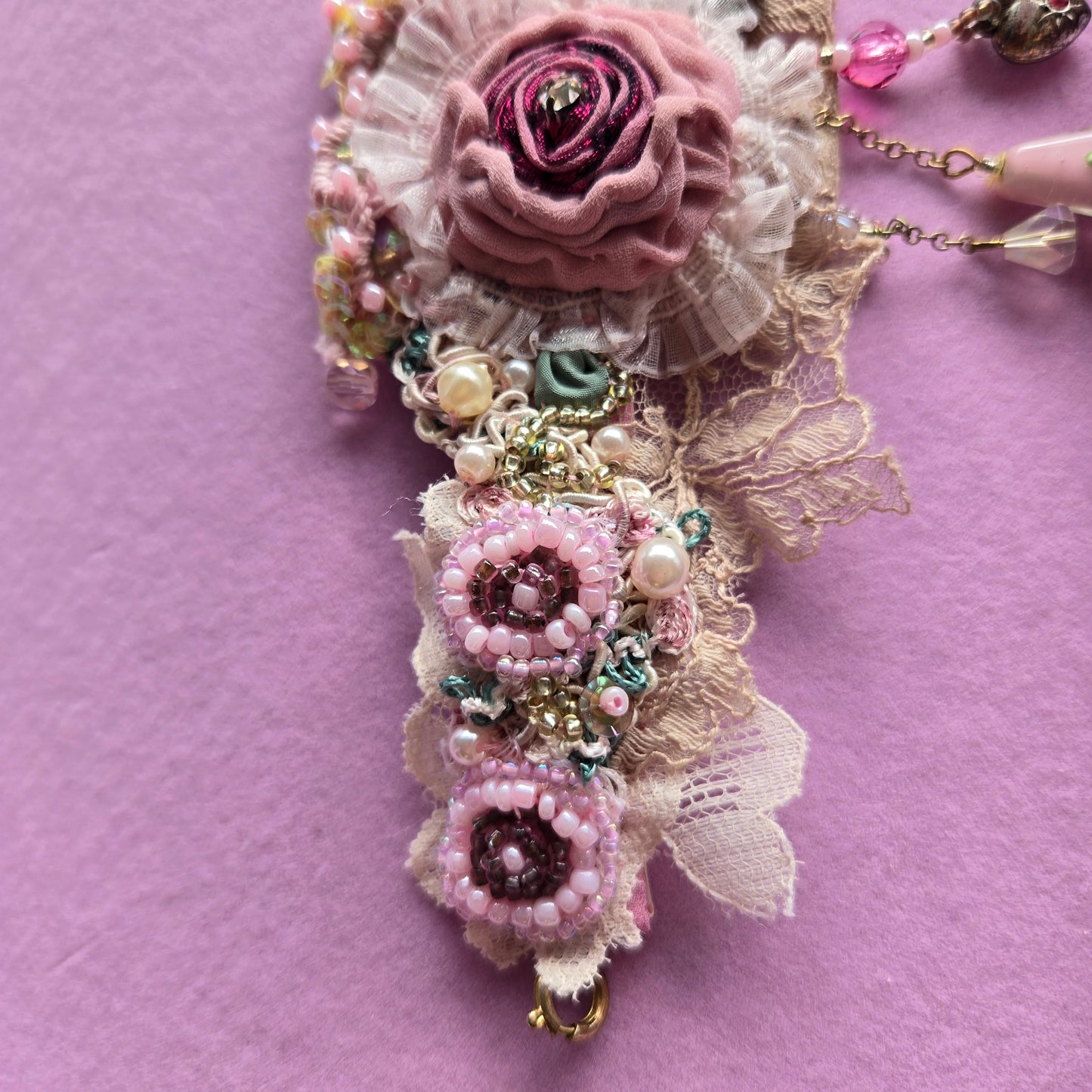 Ethereal Romance |Pink | Bracelet| Antique Lace, Beaded Roses, Hand Embroidery 1920s Style