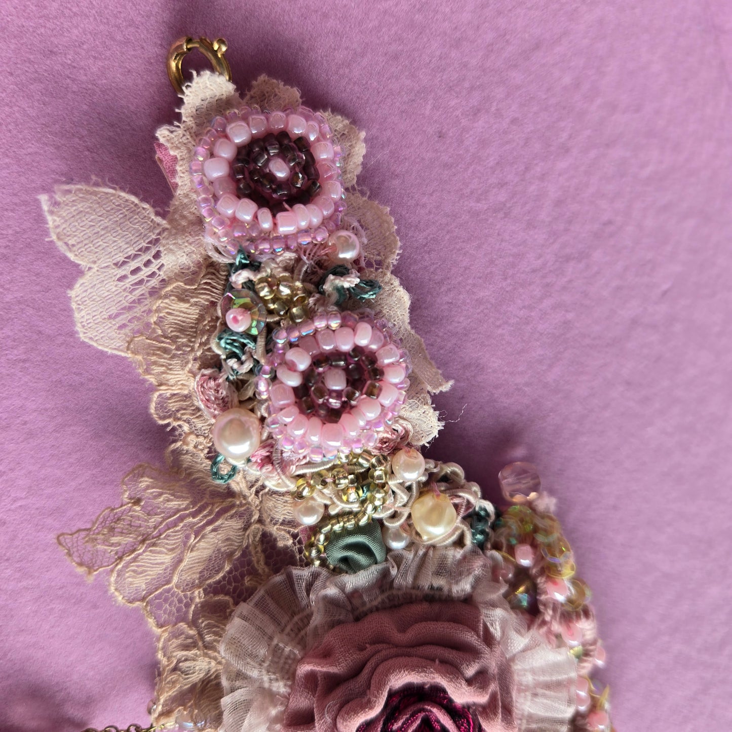 Ethereal Romance |Pink | Bracelet| Antique Lace, Beaded Roses, Hand Embroidery 1920s Style