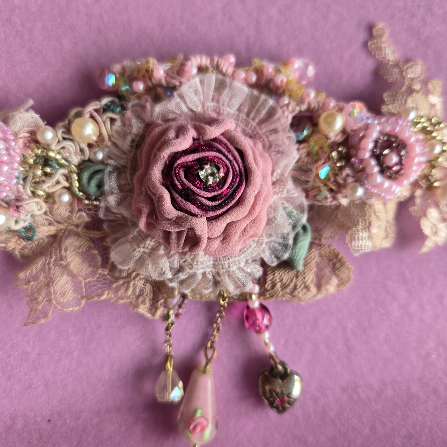 Ethereal Romance |Pink | Bracelet| Antique Lace, Beaded Roses, Hand Embroidery 1920s Style