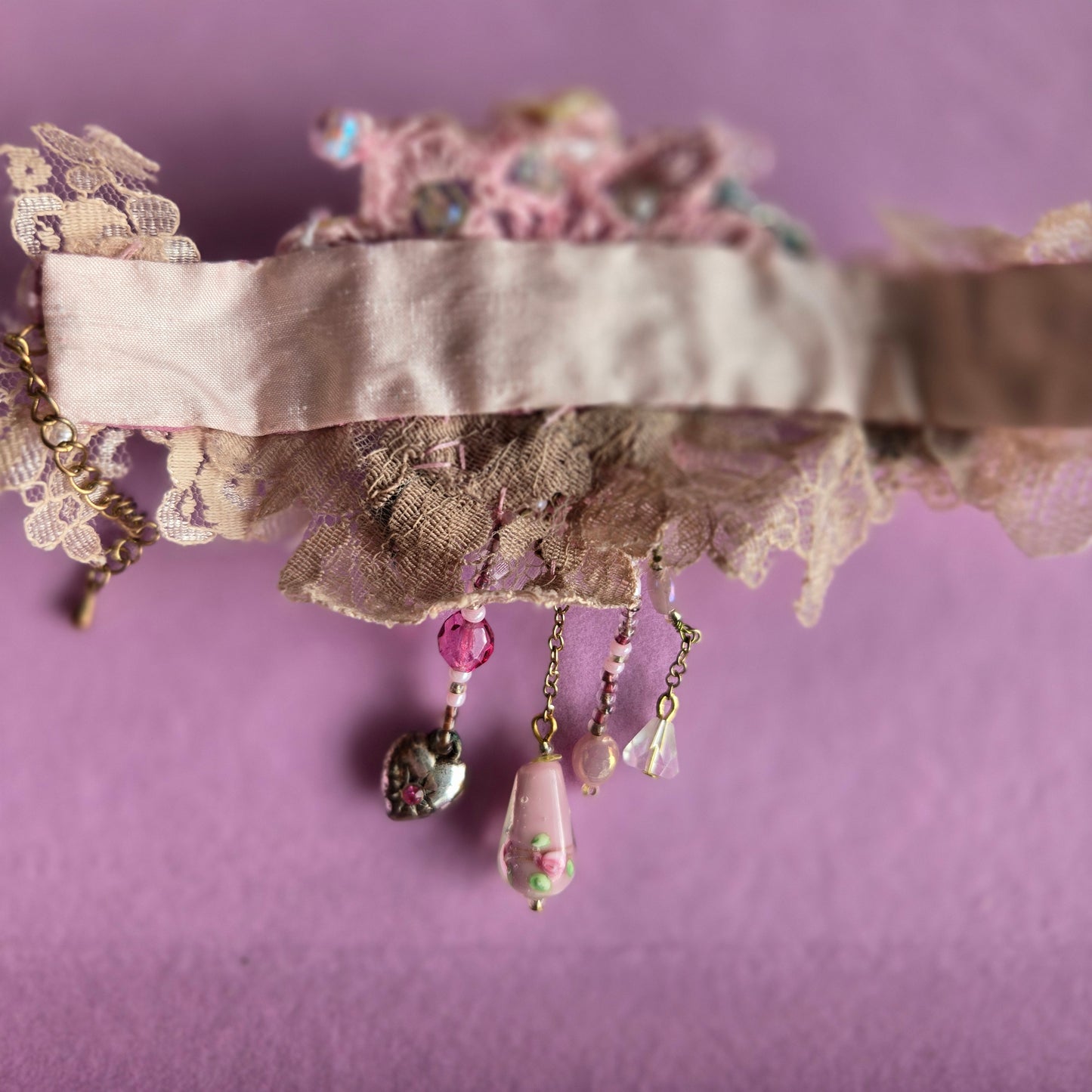 Ethereal Romance |Pink | Bracelet| Antique Lace, Beaded Roses, Hand Embroidery 1920s Style