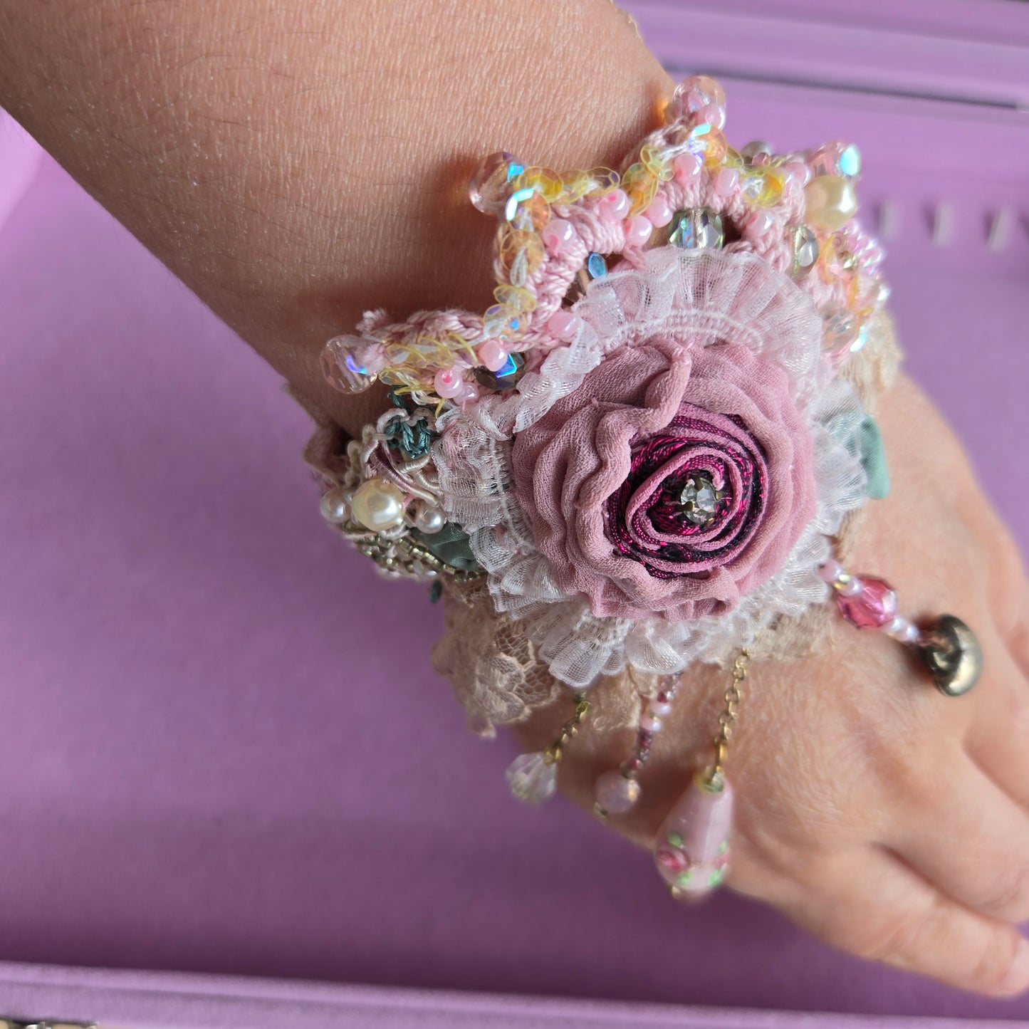Ethereal Romance |Pink | Bracelet| Antique Lace, Beaded Roses, Hand Embroidery 1920s Style