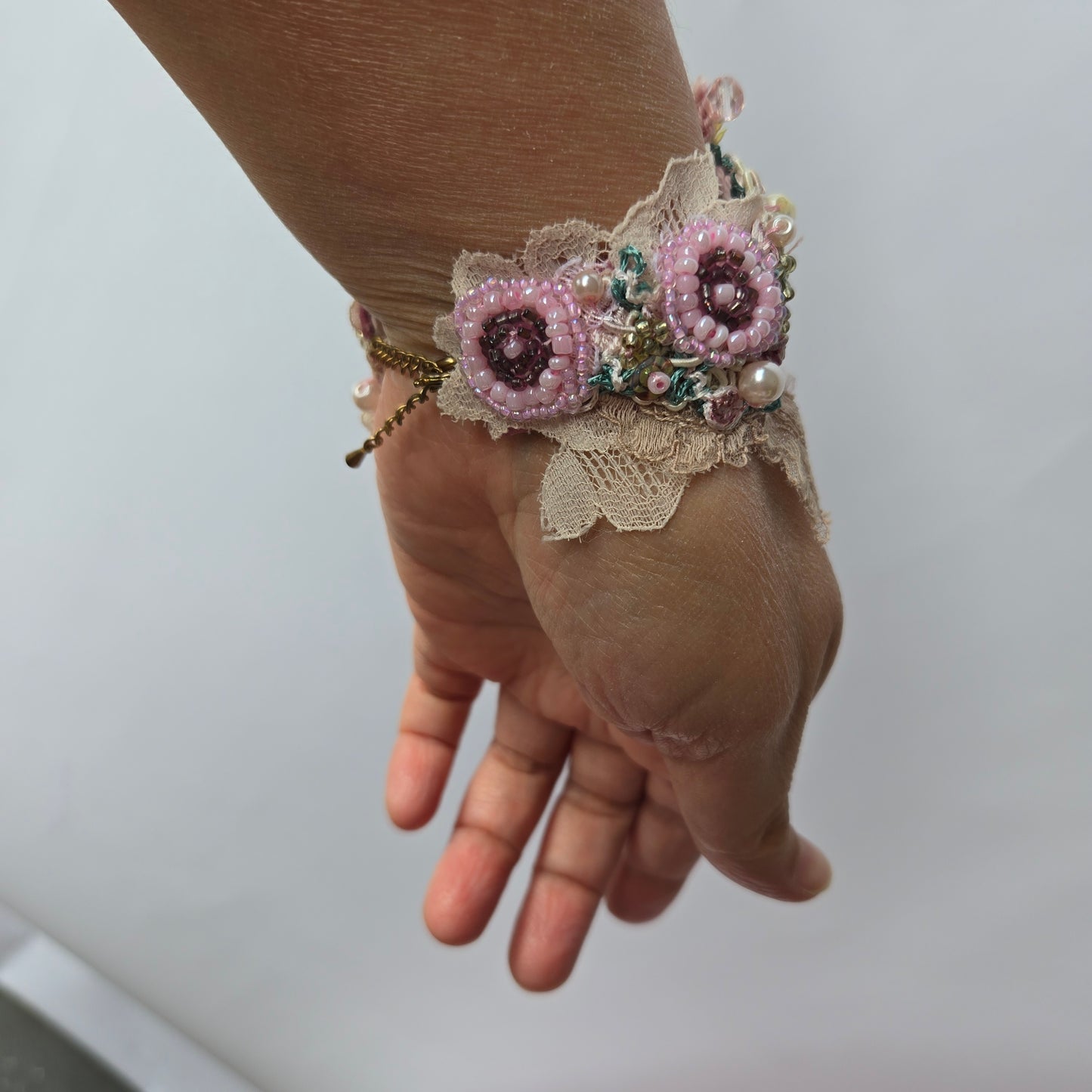 Ethereal Romance |Pink | Bracelet| Antique Lace, Beaded Roses, Hand Embroidery 1920s Style