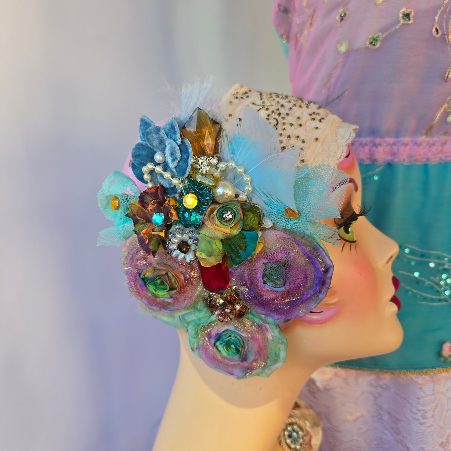 Ethereal Romance | Rainbow | Hair Clip | 1920s Style Handmade Rose and Millinery Jewel