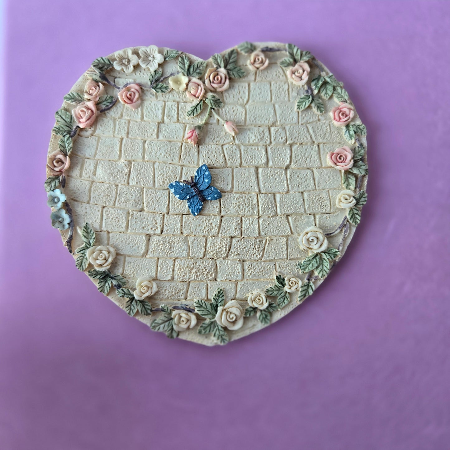 Whimsical Wonders | Ivory | Vintage | Heart Shape Roses and Butterfly Jewelry Tray