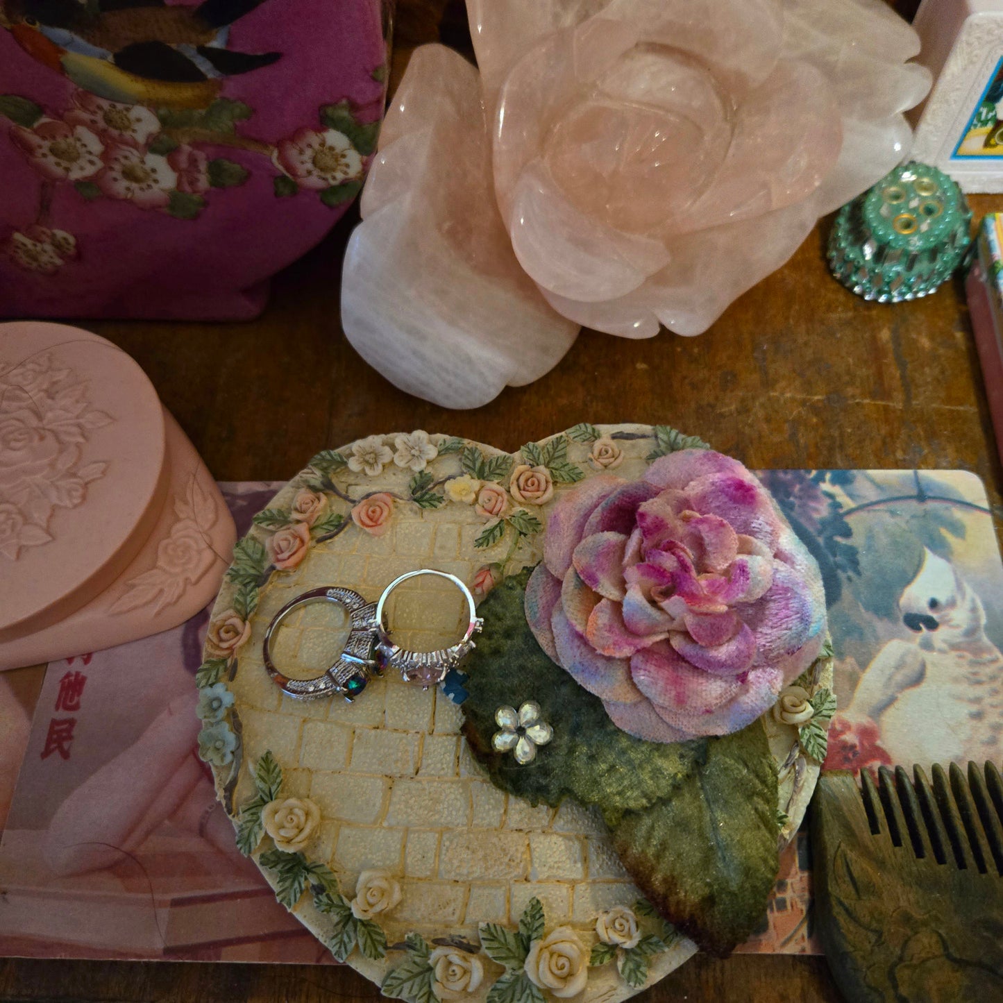 Whimsical Wonders | Ivory | Vintage | Heart Shape Roses and Butterfly Jewelry Tray