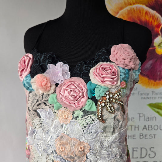 Ethereal Romance | Black | Top | Ornate Lace and Pink Rose Cami Top - Size Med