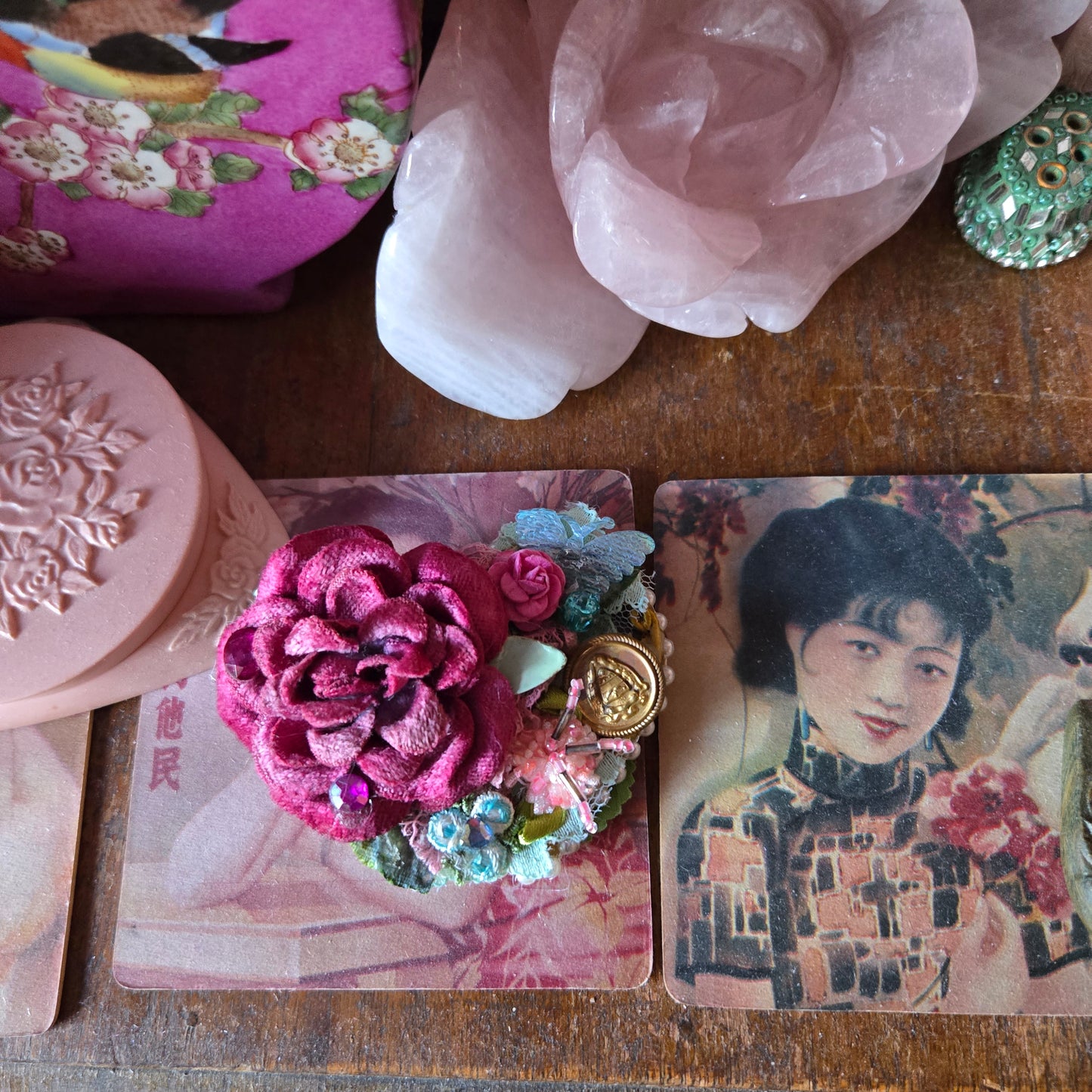 Vintage Glamour | Raspberry | Brooch | Raspberry Velvet Rose Heart Shape Brooch