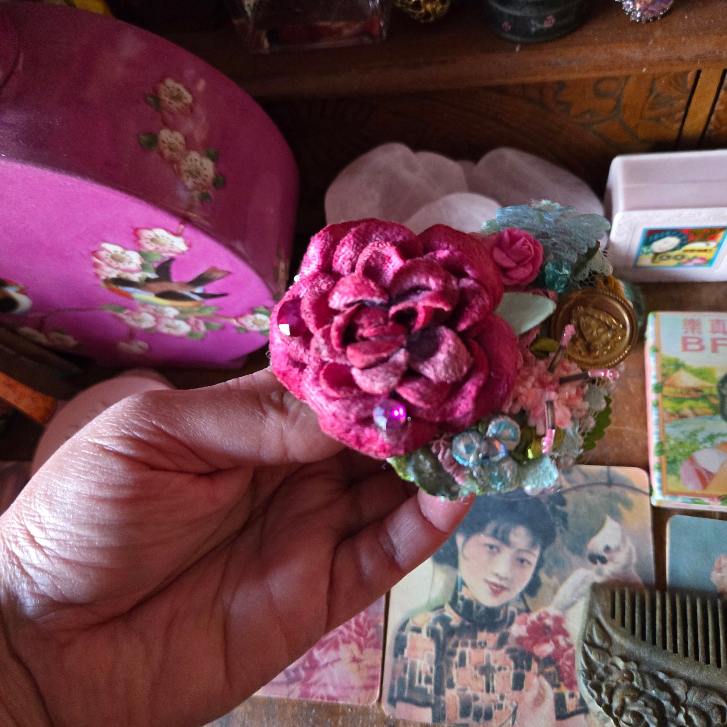 Vintage Glamour | Raspberry | Brooch | Raspberry Velvet Rose Heart Shape Brooch