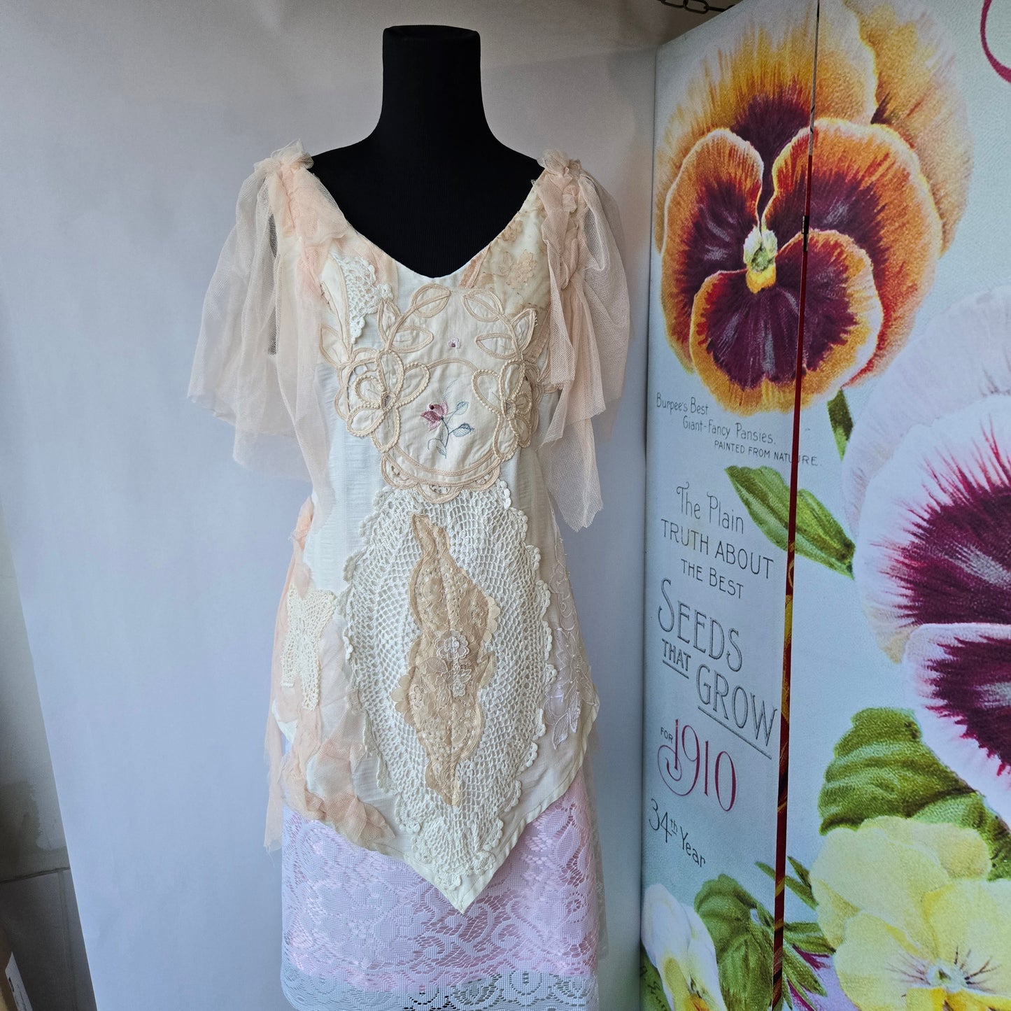 Ethereal Romance | Cream | Blouse | Vintage Lace, Crochet and Embroidered Rose - Small - Medium