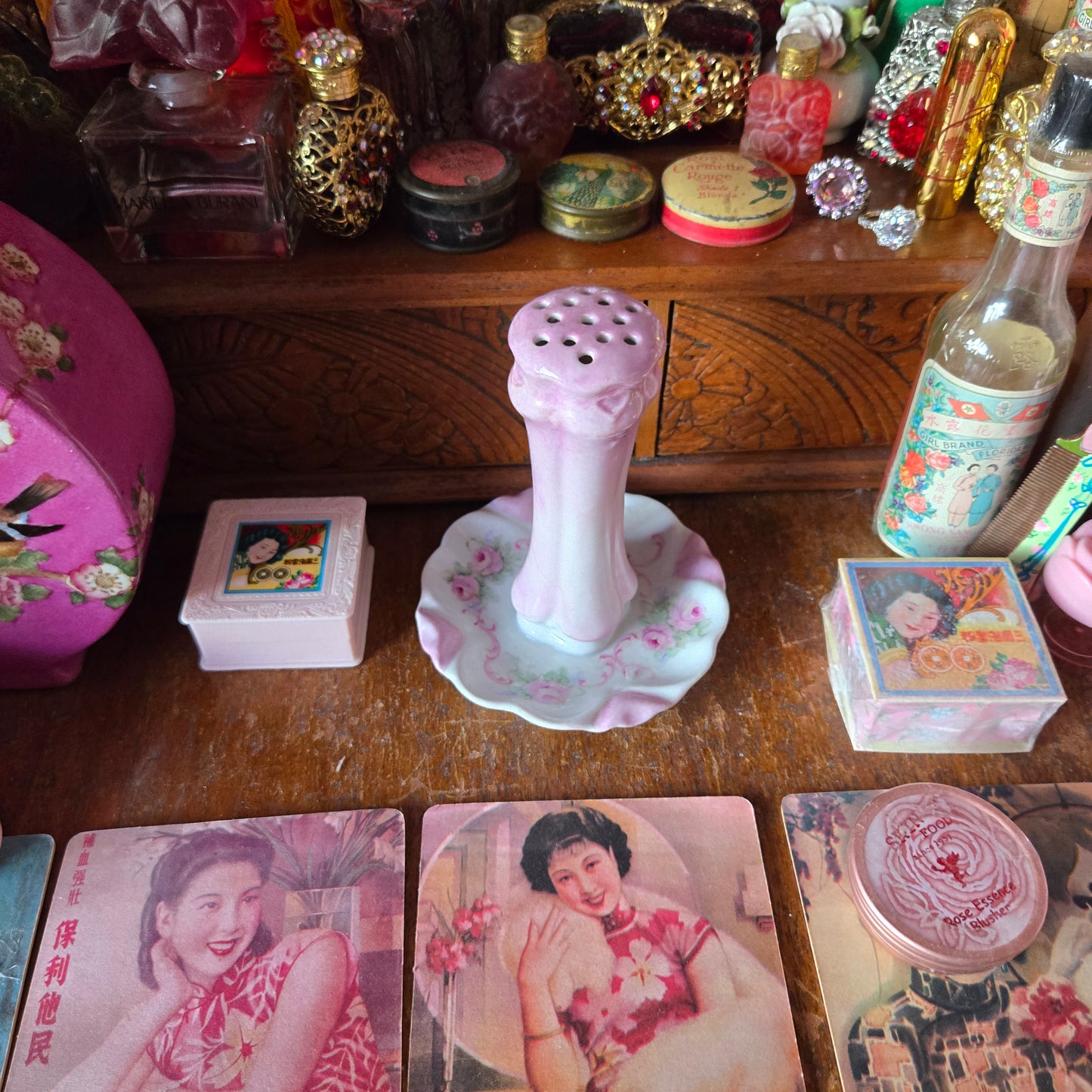 Whimsical Wonders | Pink | Vintage Pink Rose Hatpin Holder & Trinket Display
