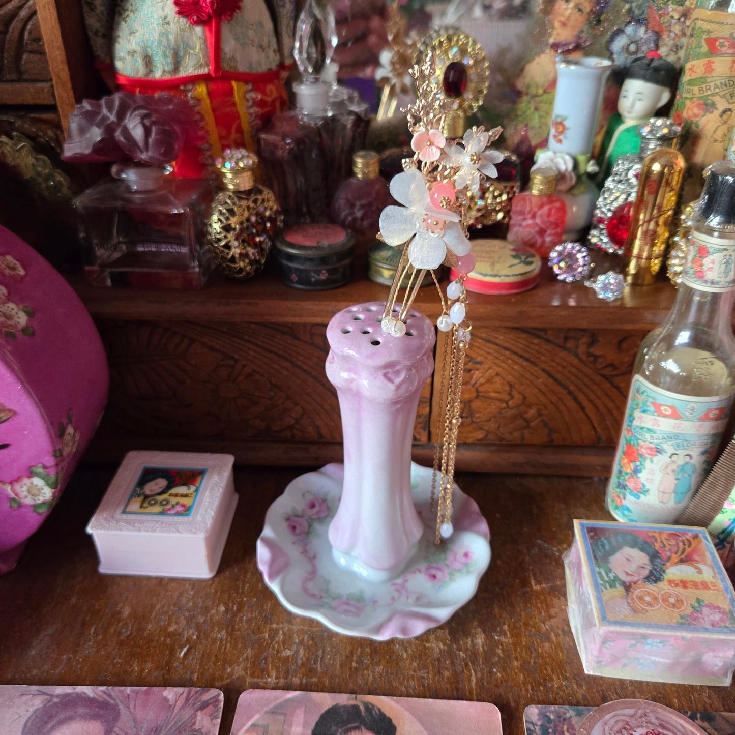 Whimsical Wonders | Pink | Vintage Pink Rose Hatpin Holder & Trinket Display