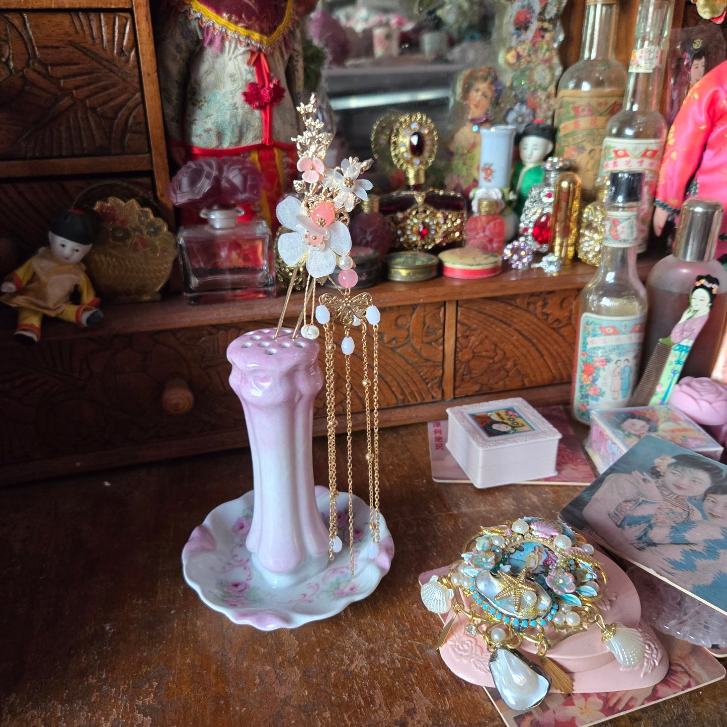 Whimsical Wonders | Pink | Vintage Pink Rose Hatpin Holder & Trinket Display