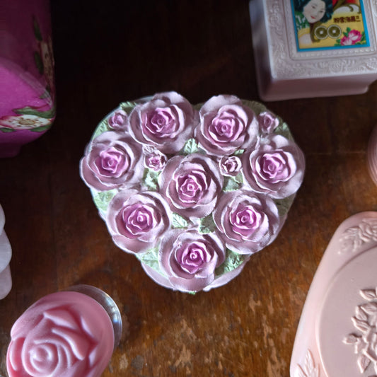 Whimsical Wonders | Vintage Heart Shaped Pink Rose Ring & Trinket Box Romantic Fairycore