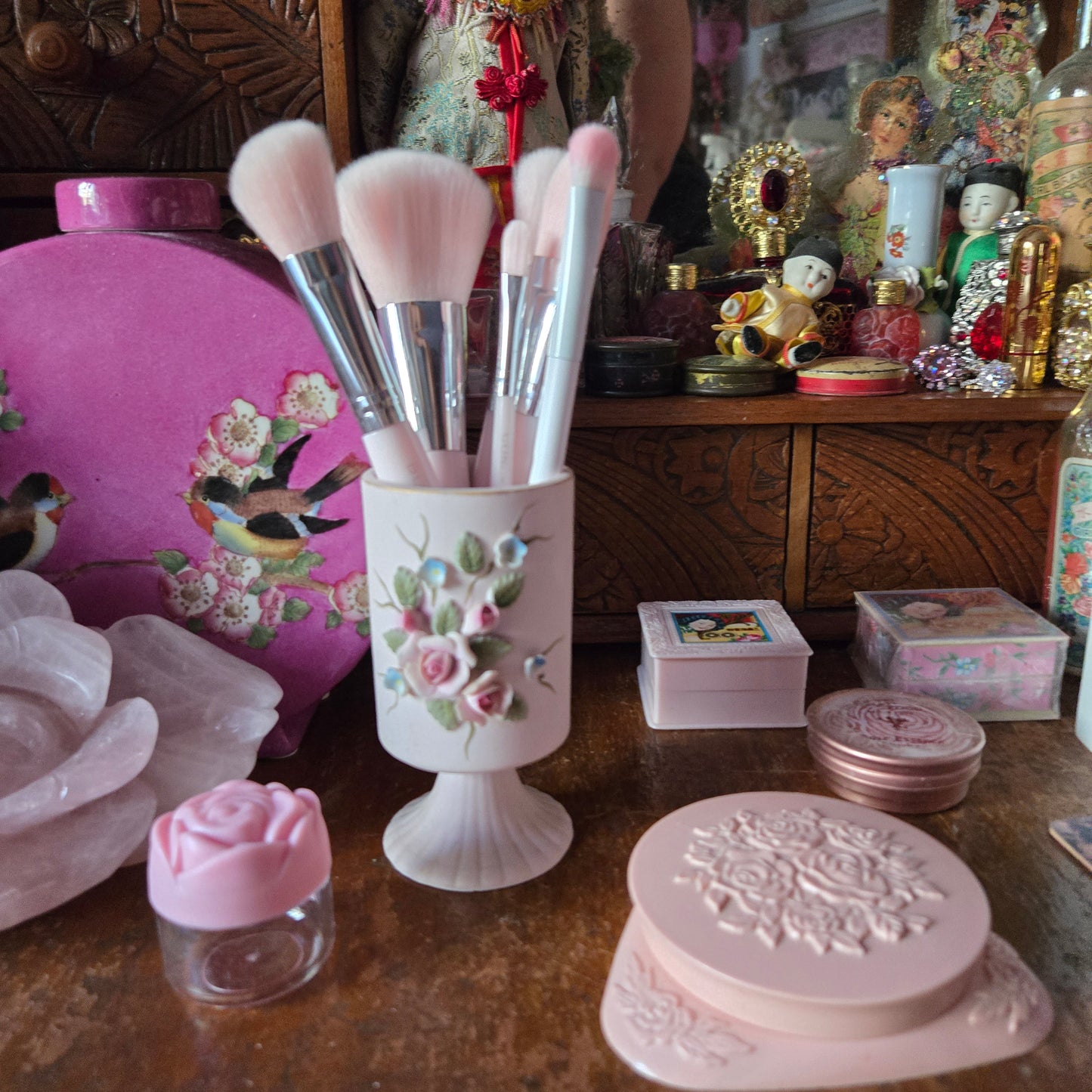 Whimsical Wonders | Vintage Romantic Pink Rose Bisque Porcelain Mini Vase