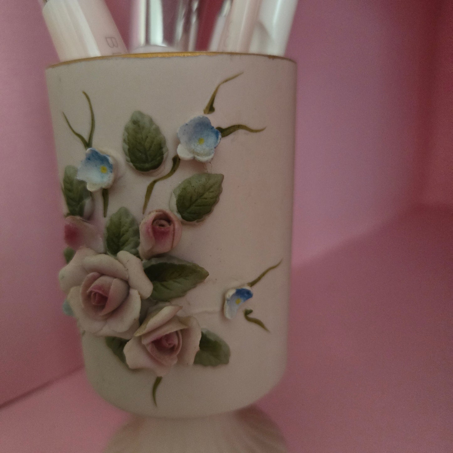 Whimsical Wonders | Vintage Romantic Pink Rose Bisque Porcelain Mini Vase