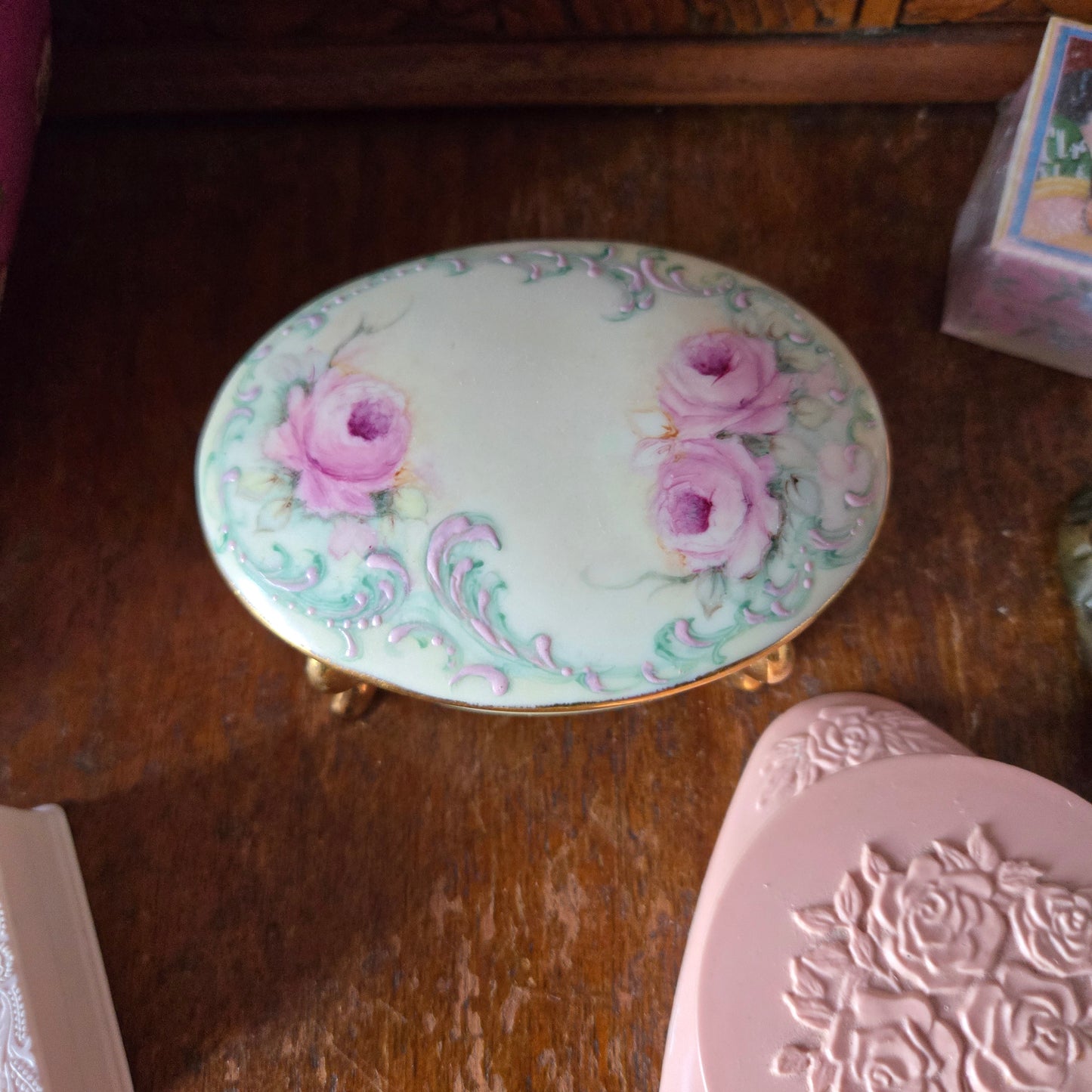Whimsical Wonders | Vintage Hand Painted Rose Porcelain Trinket Box Rococo Style