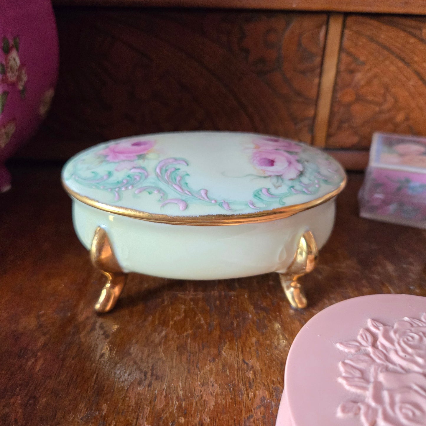 Whimsical Wonders | Vintage Hand Painted Rose Porcelain Trinket Box Rococo Style