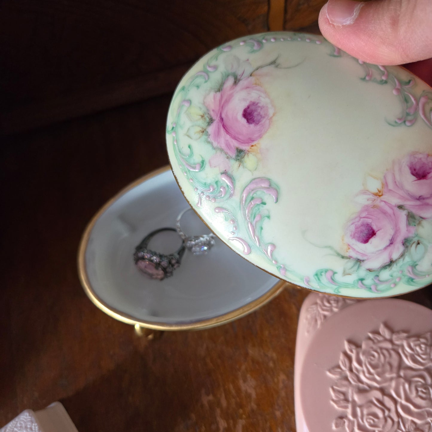 Whimsical Wonders | Vintage Hand Painted Rose Porcelain Trinket Box Rococo Style
