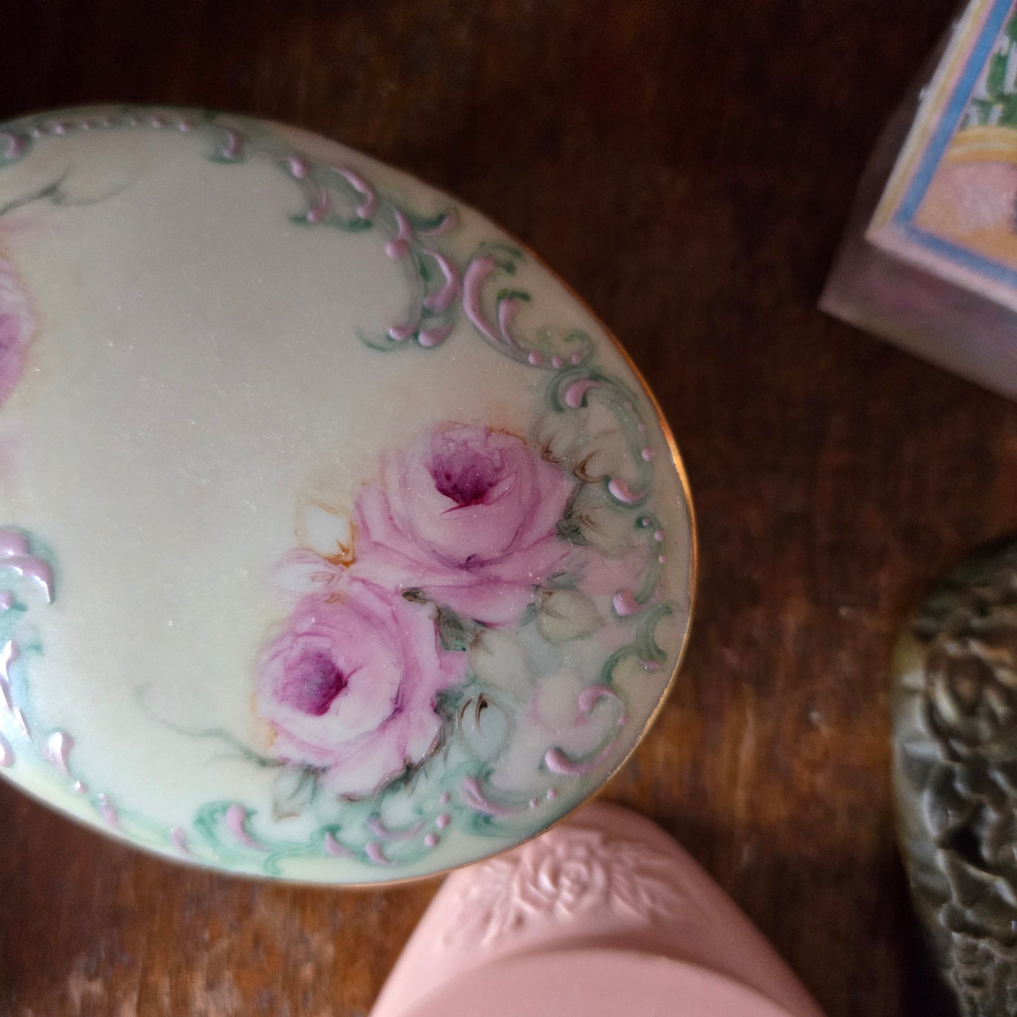 Whimsical Wonders | Vintage Hand Painted Rose Porcelain Trinket Box Rococo Style