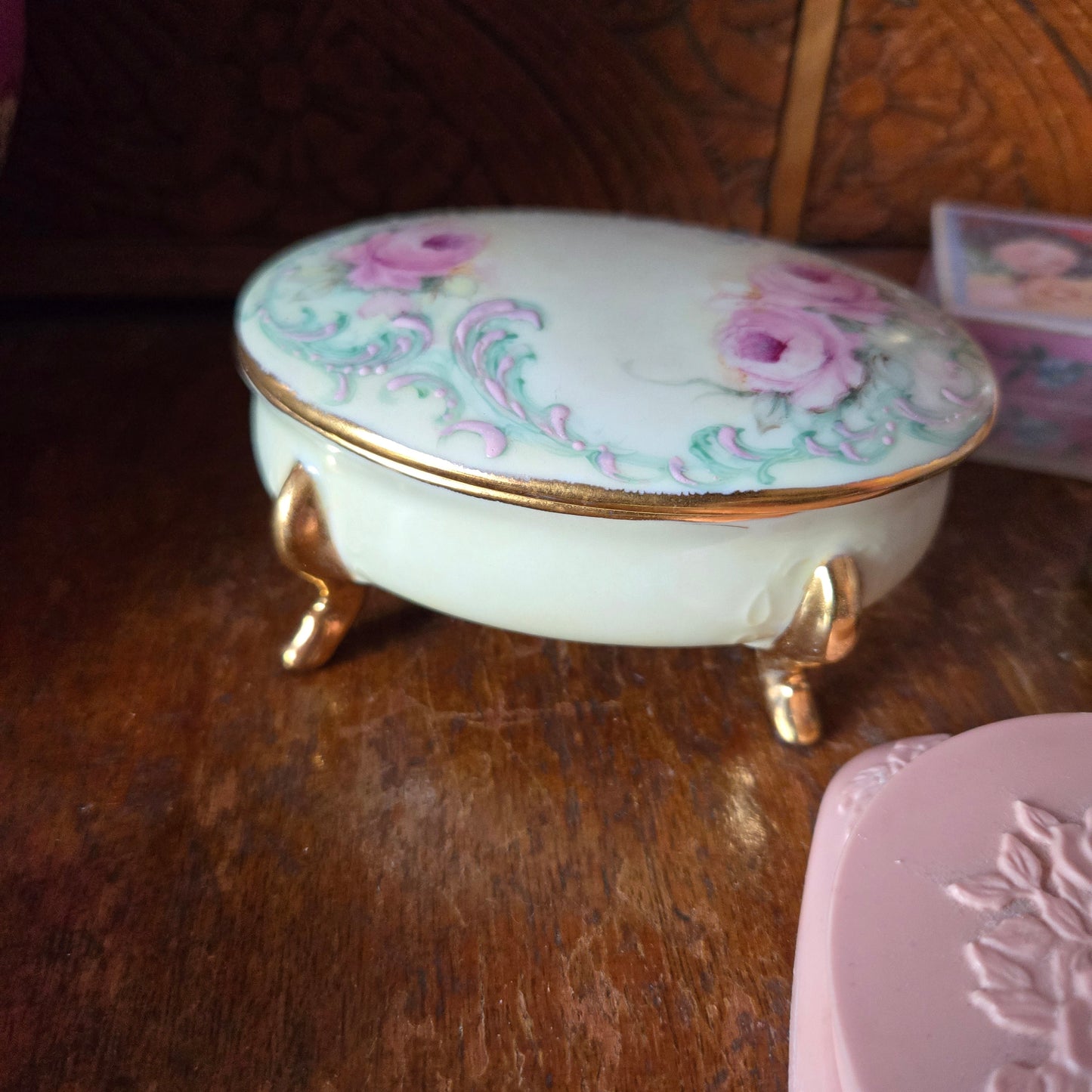 Whimsical Wonders | Vintage Hand Painted Rose Porcelain Trinket Box Rococo Style
