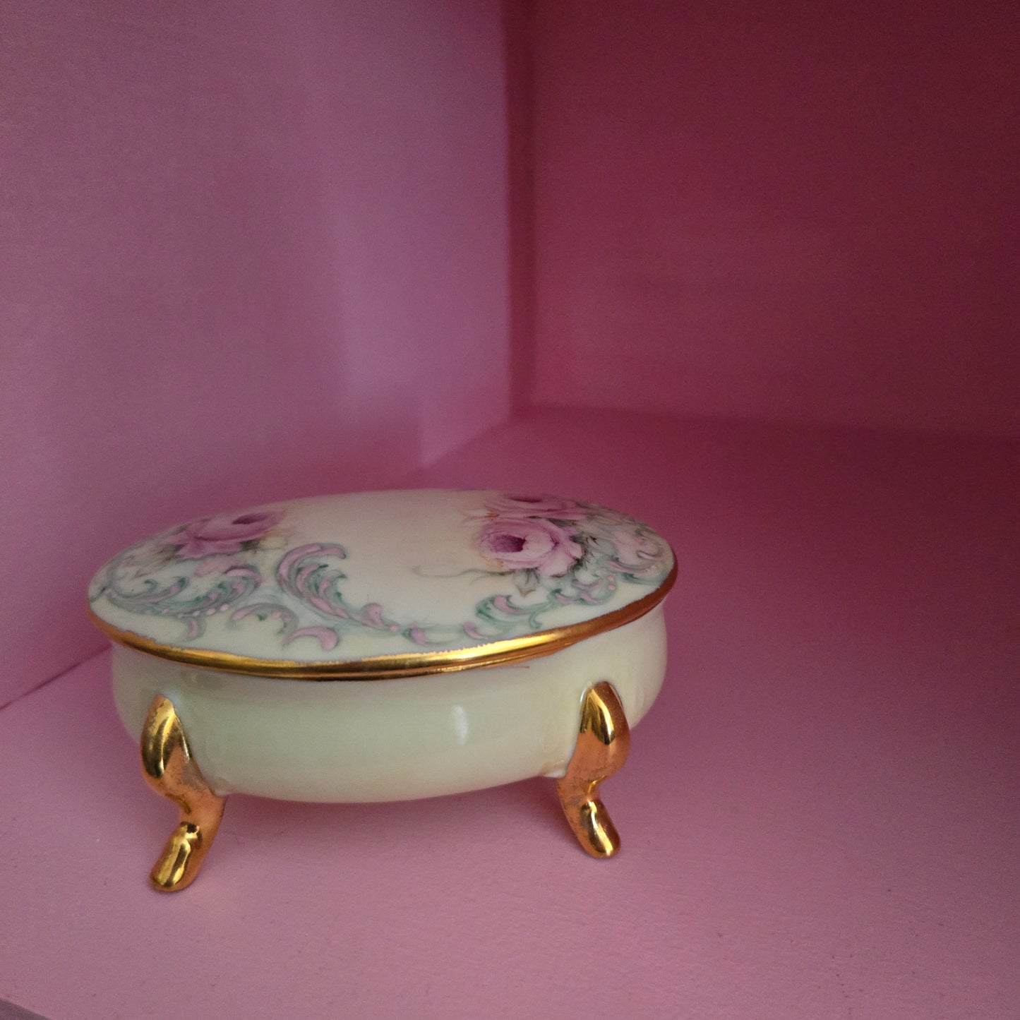 Whimsical Wonders | Vintage Hand Painted Rose Porcelain Trinket Box Rococo Style