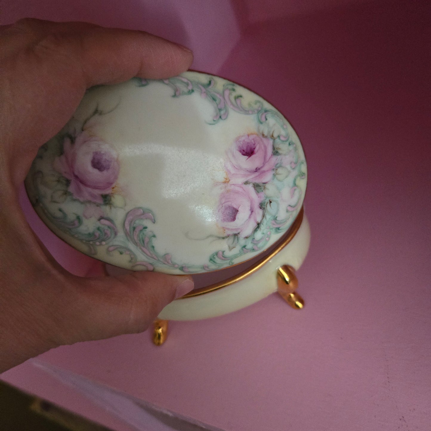 Whimsical Wonders | Vintage Hand Painted Rose Porcelain Trinket Box Rococo Style
