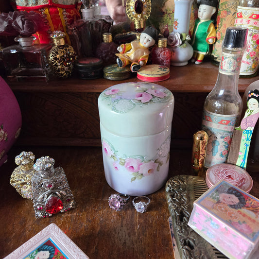Whimsical Wonders | Vintage Pink Rose Porcelain Vanity Jar Makeup Brush Holder
